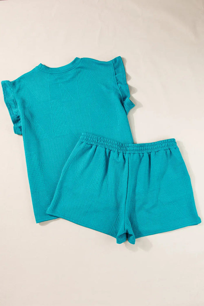 Skobeloff Textured Ruffle Split Top and Drawstring Shorts - Two Piece Sets/Short Sets