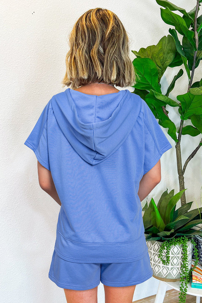 Sky Blue Casual Zipped Short Sleeve Hoodie and Shorts Set - Two Piece Sets/Short Sets