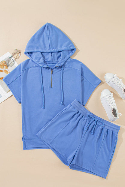 Sky Blue Casual Zipped Short Sleeve Hoodie and Shorts Set - Two Piece Sets/Short Sets