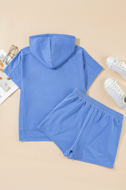 Sky Blue Casual Zipped Short Sleeve Hoodie and Shorts Set - Two Piece Sets/Short Sets