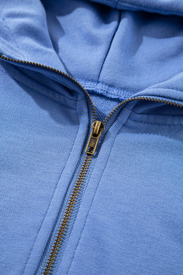 Sky Blue Casual Zipped Short Sleeve Hoodie and Shorts Set - Two Piece Sets/Short Sets