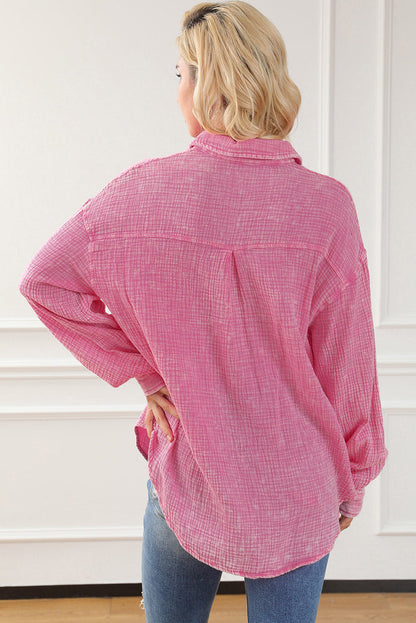Sky Blue Mineral Wash Crinkle Textured Chest Pockets Shirt - Tops/Blouses & Shirts