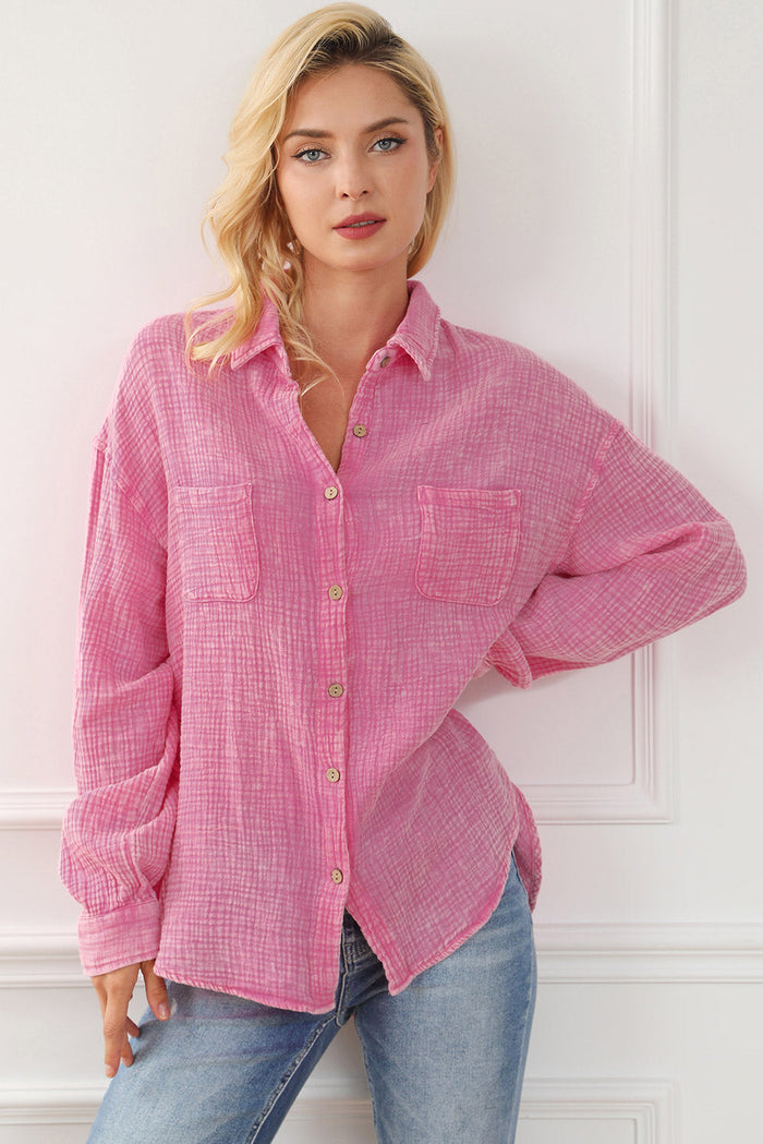 Sky Blue Mineral Wash Crinkle Textured Chest Pockets Shirt - Tops/Blouses & Shirts