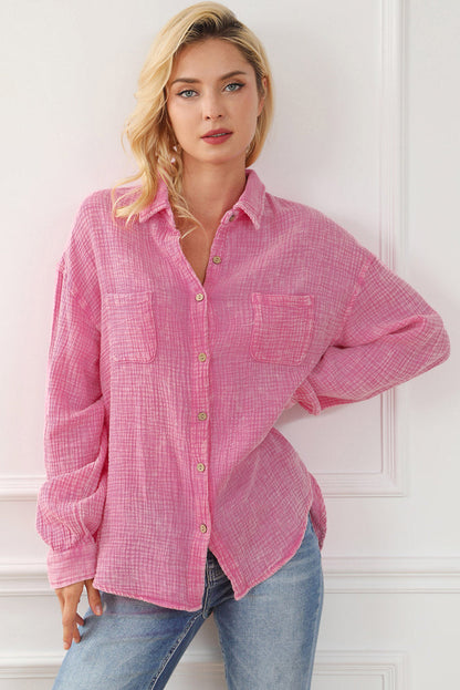 Sky Blue Mineral Wash Crinkle Textured Chest Pockets Shirt - Tops/Blouses & Shirts