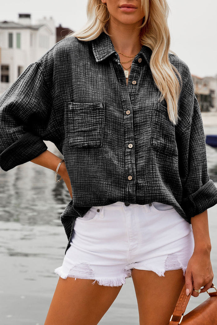 Sky Blue Mineral Wash Crinkle Textured Chest Pockets Shirt - BLACK / S / 100% COTTON - Tops/Blouses & Shirts