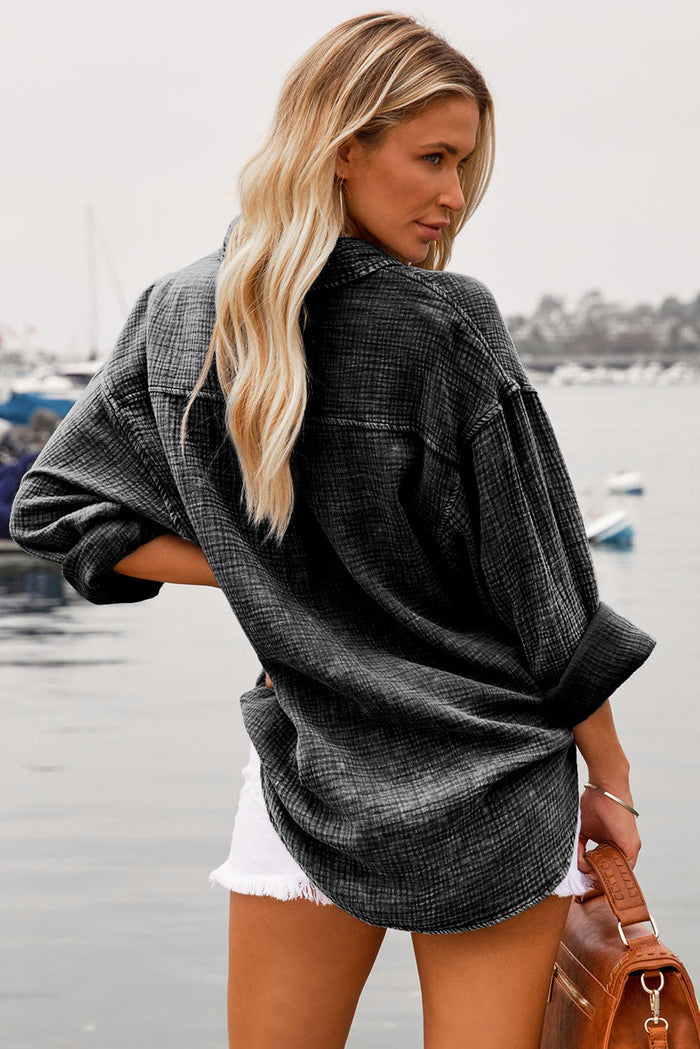 Sky Blue Mineral Wash Crinkle Textured Chest Pockets Shirt - Tops/Blouses & Shirts