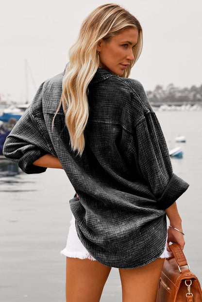 Sky Blue Mineral Wash Crinkle Textured Chest Pockets Shirt - Tops/Blouses & Shirts