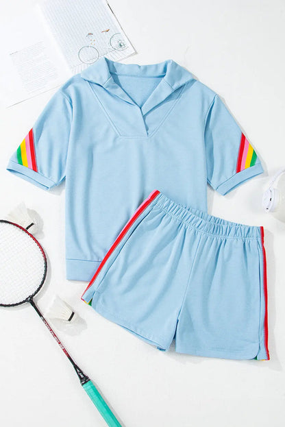 Sky Blue Rainbow Colourblock Collared Short Sleeve Top 2 Piece Shorts Set - S / 80% Polyester + 20% Cotton - Two