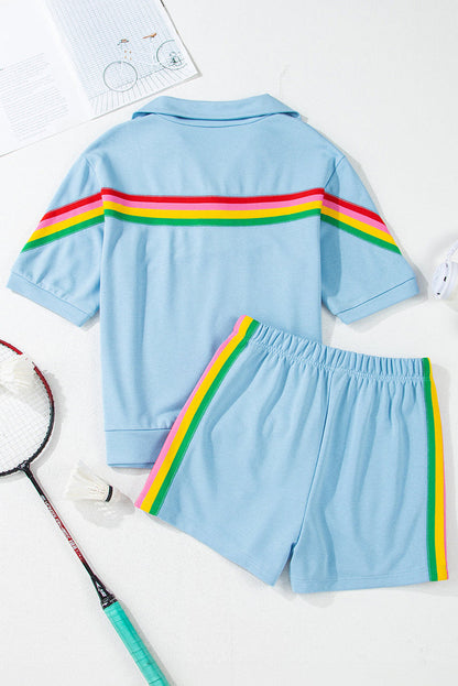 Sky Blue Rainbow Colourblock Collared Short Sleeve Top 2 Piece Shorts Set - Two Sets/Short Sets