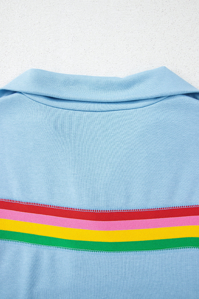 Sky Blue Rainbow Colourblock Collared Short Sleeve Top 2 Piece Shorts Set - Two Sets/Short Sets
