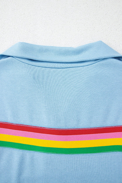 Sky Blue Rainbow Colourblock Collared Short Sleeve Top 2 Piece Shorts Set - Two Sets/Short Sets