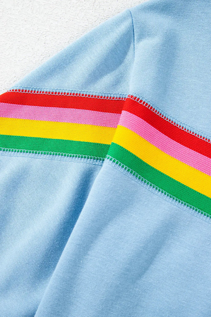 Sky Blue Rainbow Colourblock Collared Short Sleeve Top 2 Piece Shorts Set - Two Sets/Short Sets
