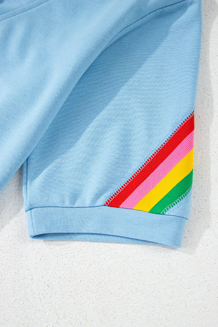 Sky Blue Rainbow Colourblock Collared Short Sleeve Top 2 Piece Shorts Set - Two Sets/Short Sets