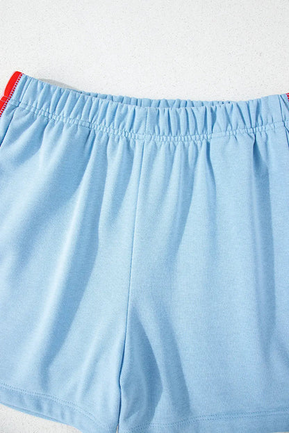 Sky Blue Rainbow Colourblock Collared Short Sleeve Top 2 Piece Shorts Set - Two Sets/Short Sets