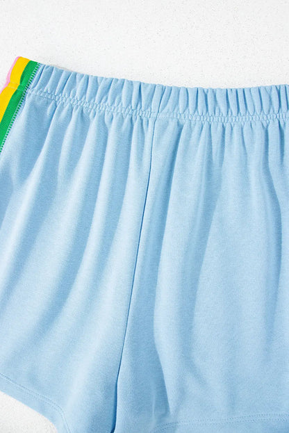 Sky Blue Rainbow Colourblock Collared Short Sleeve Top 2 Piece Shorts Set - Two Sets/Short Sets