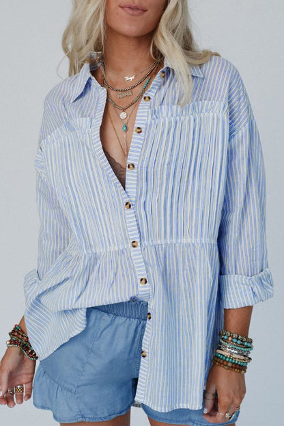 Sky Blue Stripe Striped Buttoned up Long Sleeve Shirt - SKY BLUE STRIPE / S / 100% COTTON - Tops/Blouses & Shirts