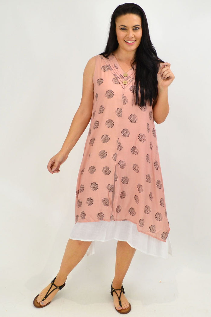 Sleeveless dusty pink dots overlay tunic dress by La Mode, featuring a flowy silhouette and stylish design, front view.