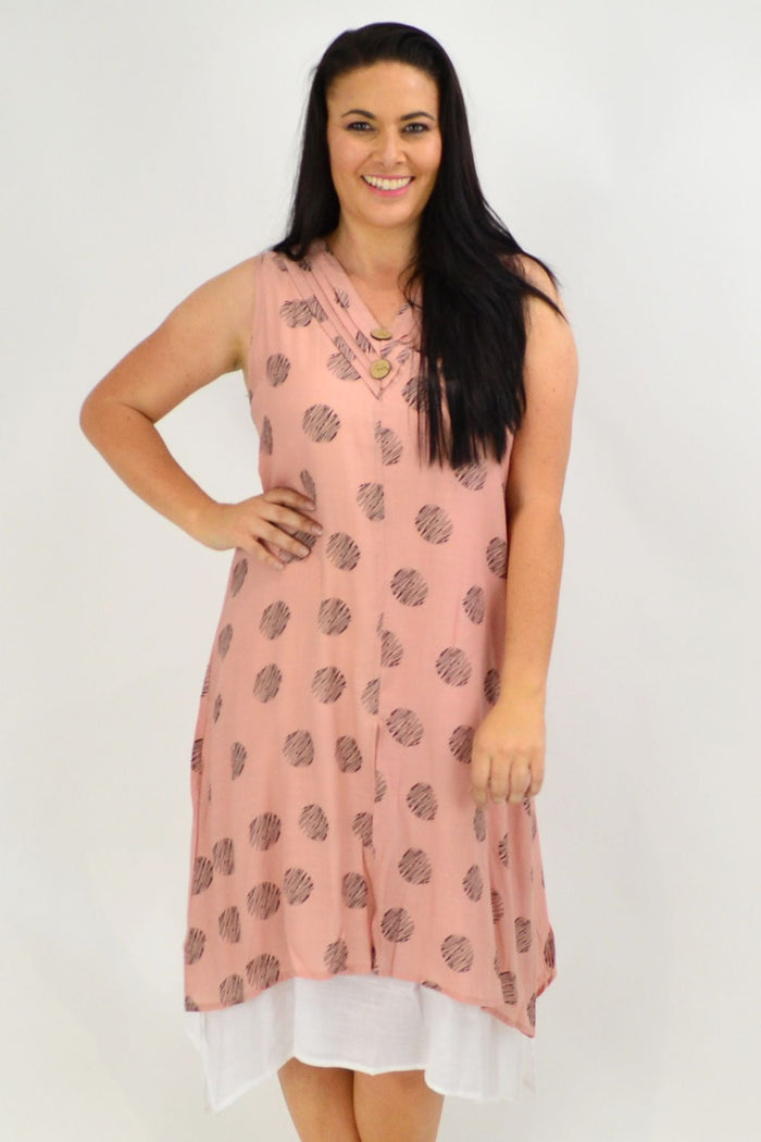 Sleeveless dusty pink dots overlay tunic dress from La Mode featuring a relaxed fit and stylish design.