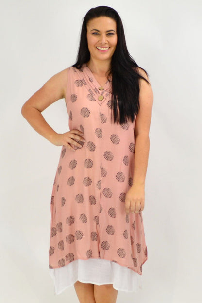 Sleeveless dusty pink dots overlay tunic dress from La Mode featuring a relaxed fit and stylish design.