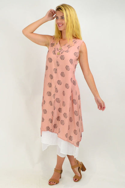 Sleeveless dusty pink dot overlay tunic dress by La Mode, with flowy fabric and casual stylish design.