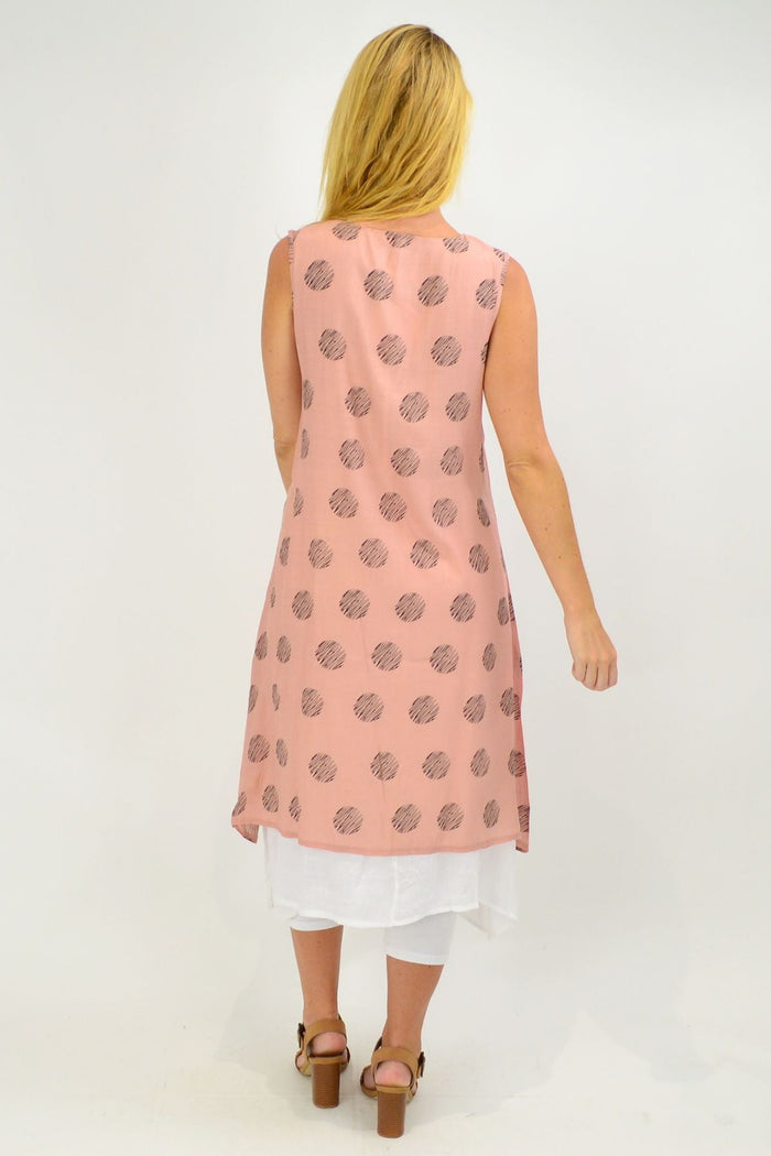 Sleeveless dusty pink dots overlay tunic dress by La Mode, cotton fabric with black dot pattern and relaxed fit.