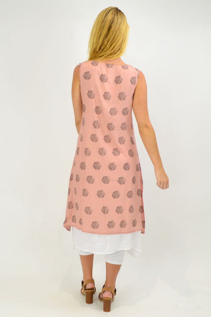Sleeveless dusty pink dots overlay tunic dress by La Mode, cotton fabric with black dot pattern and relaxed fit.