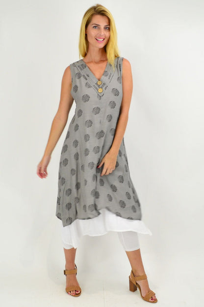 Sleeveless grey dots overlay tunic dress by La Mode, featuring a relaxed fit and stylish design.
