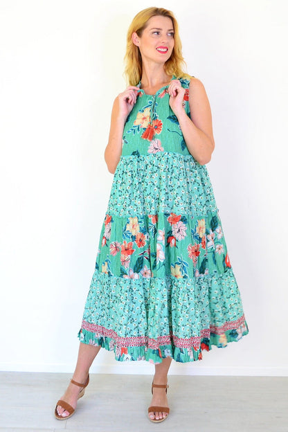 Sleeveless Kaleici floral tunic dress by Orientique featuring a vibrant floral pattern and lightweight fabric.