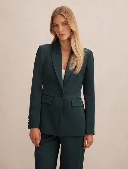 Solana Satin Single Breasted Blazer Forest Green Suit Forever New
