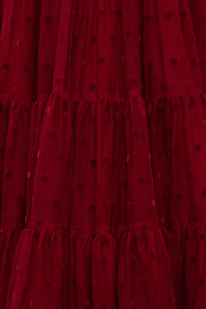 Close-up of a red dress with black polka dots