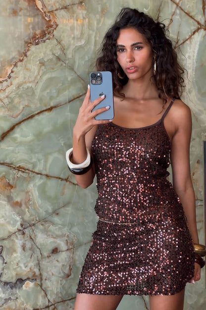 Close-up of the Shop the Look: Solea Sequin Set showcasing the sequin texture and craftsmanship.