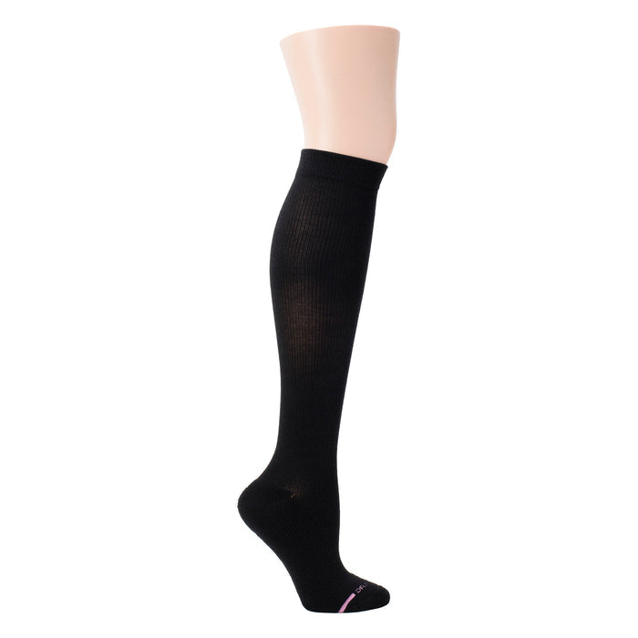 Knee-high black compression sock with a ribbed texture and half-cushion design.