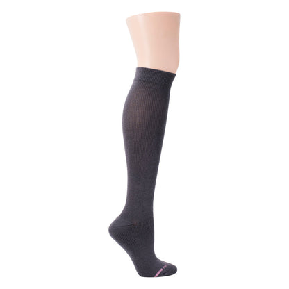 Knee-high compression sock in dark gray with a ribbed texture and half-cushion design.