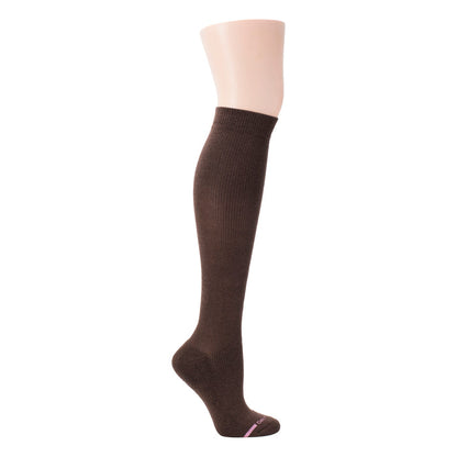 Knee-high compression sock in a solid brown color with a ribbed texture and a pink logo on the foot.