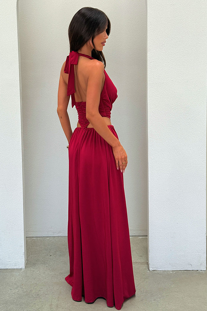 Soraya Plunge Halter Neck Maxi Dress - Burgundy