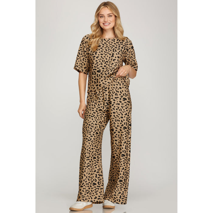 SS - Half Sleeve & Wide Leg, Leopard Print, Textured Set 9110 - Light Taupe