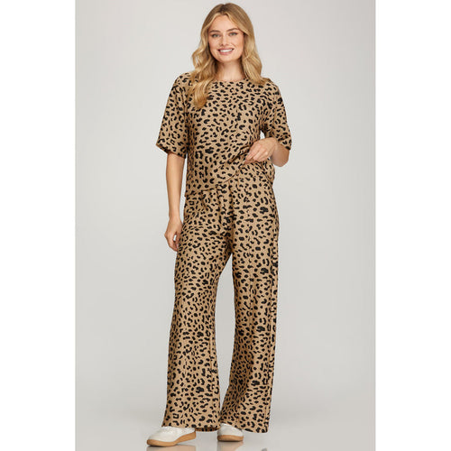 SS - Half Sleeve & Wide Leg, Leopard Print, Textured Set 9110 - Light Taupe