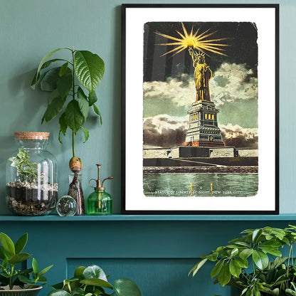Statue Of Liberty Vintage Illustration Print black framed on a living room shelf