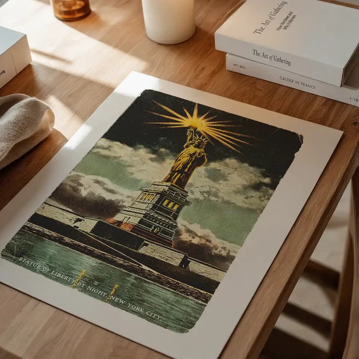 Statue Of Liberty Vintage Illustration Print unframed on a home office desk
