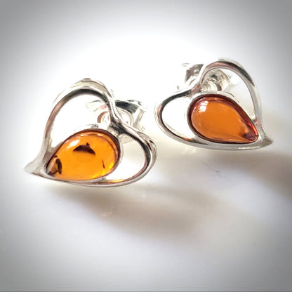 amber silver heart stud earrings