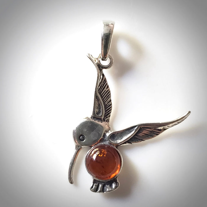 hummingbird silver amber pendant