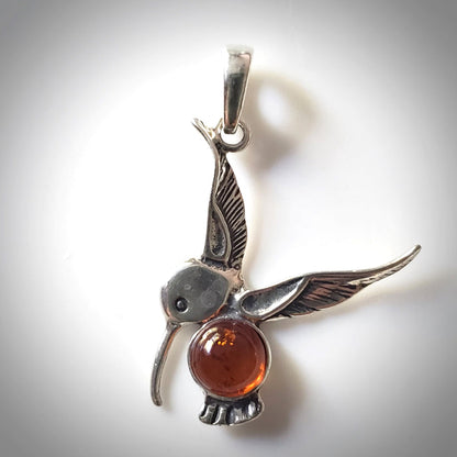 hummingbird silver amber pendant