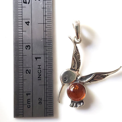 hummingbird silver amber pendant