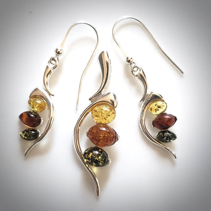 multicolor amber in sterling silver earrings pendant set