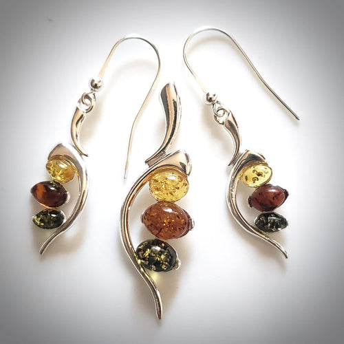 multicolor amber in sterling silver earrings pendant set