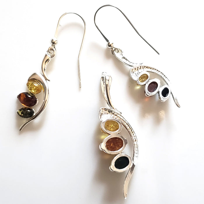 multicolor amber in sterling silver earrings pendant set