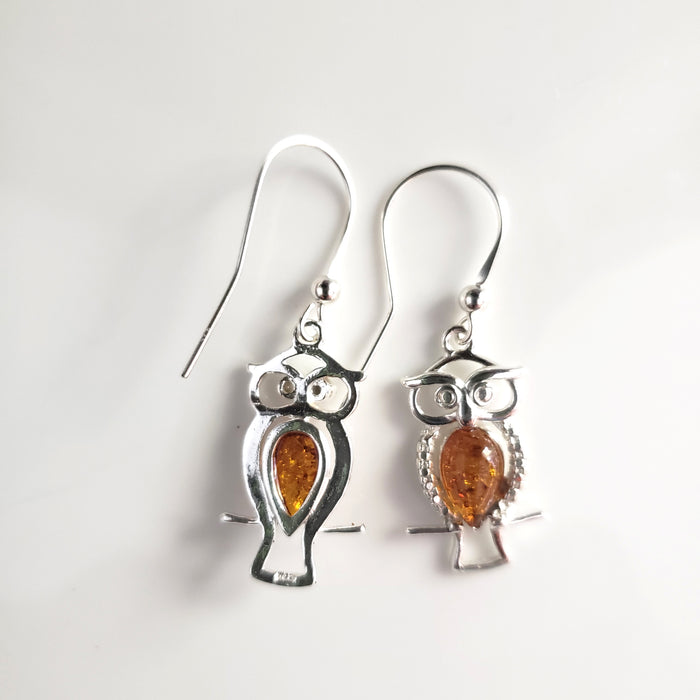 Sterling Silver Owl Earrings with Honey Amber BuyRussianGifts Store