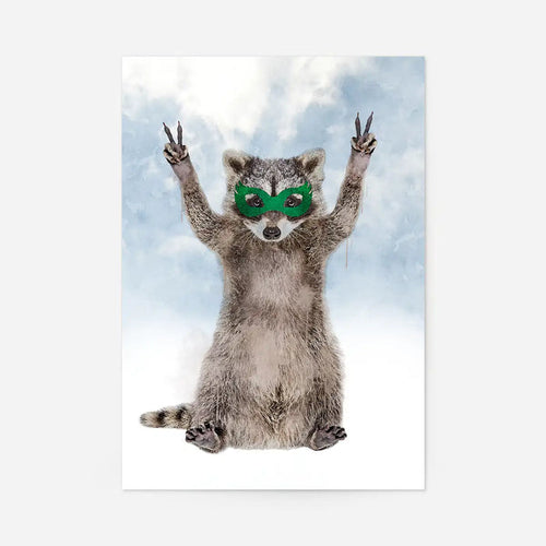 Watercolor raccoon superhero art print wearing a green mask with paws raised in a peace sign against a cloudy sky.