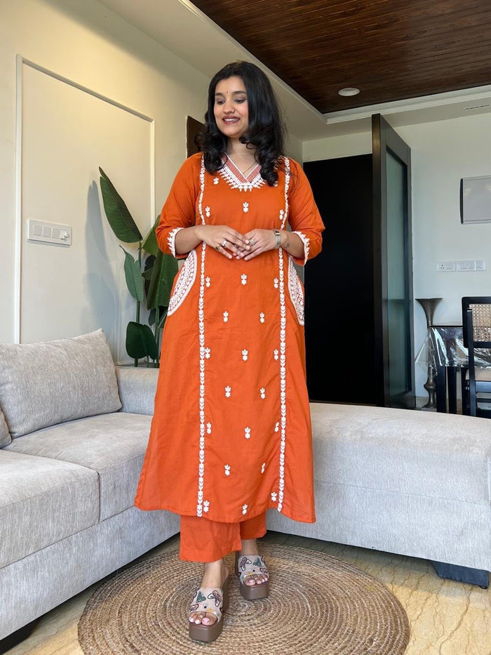 Surya Embroidered Fancy Pant Set- Orange