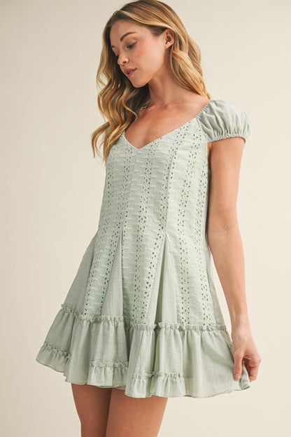 Sweetheart Puff Sleeve Eyelet Mini Dress-Cute-Trendy-Shop-Womens-Boutique-Clothing-Store